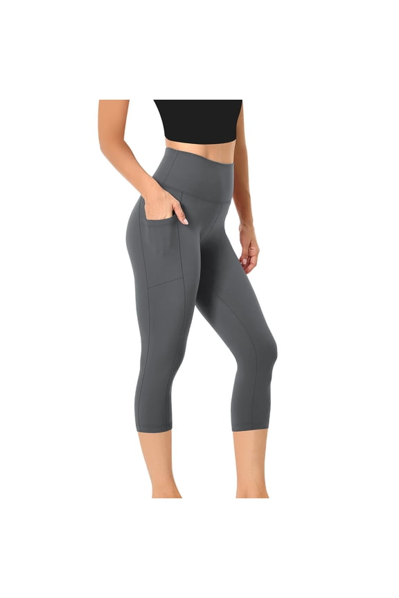 Workout Leggings for Women High Waisted Butt Lifting Tummy Control Capri Tights for Yoga Pilates Running with Side Pockets Dark Gray M