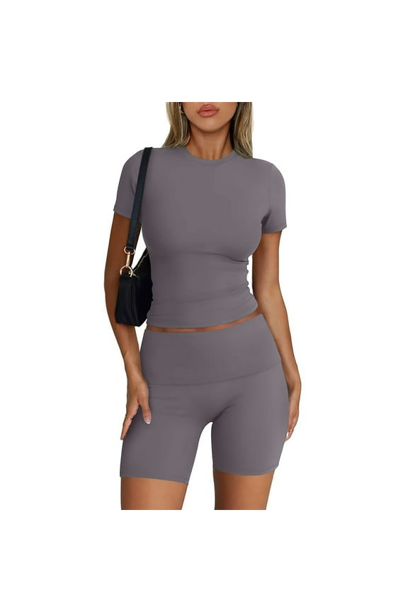 Workout Sets for Women Crew Neck Short Sleeve Crop T-Shirt and Biker Shorts Two Piece Matching Sets for Athletic Workout Yoga Running Brown M