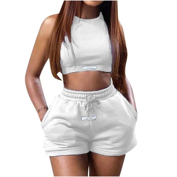 LOVZFMLL Workout Sets for Women Sleeveless Crew Neck Crop Tank Top and Shorts Two Piece Matching Clothing for Athletic Workout Gym Running White S