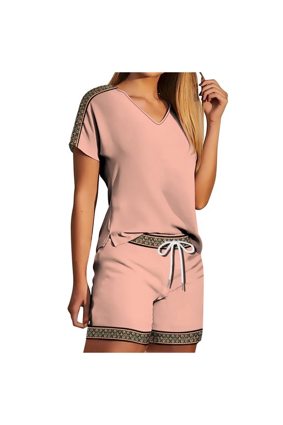 Workout Sets for Women V Neck Short Sleeve T-Shirts and Shorts Two Piece Lounge Sets Pajamas Matching Clothes Going Out Pink XXL