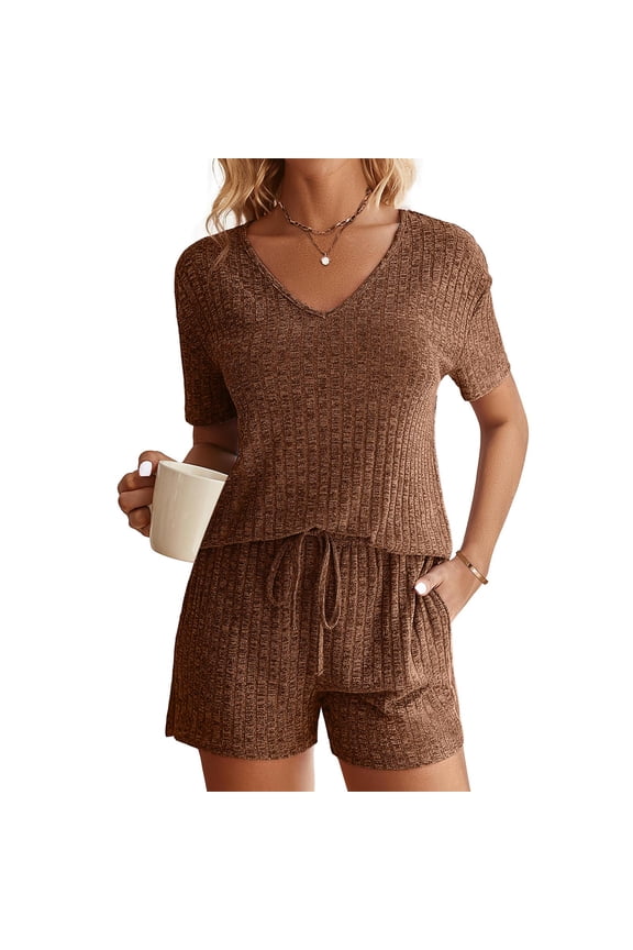Workout Sets for Women V Neck Short Sleeve and Shorts Lounge Two Piece Sets Pajamas Running Sweatsuit Matching Clothing Brown S