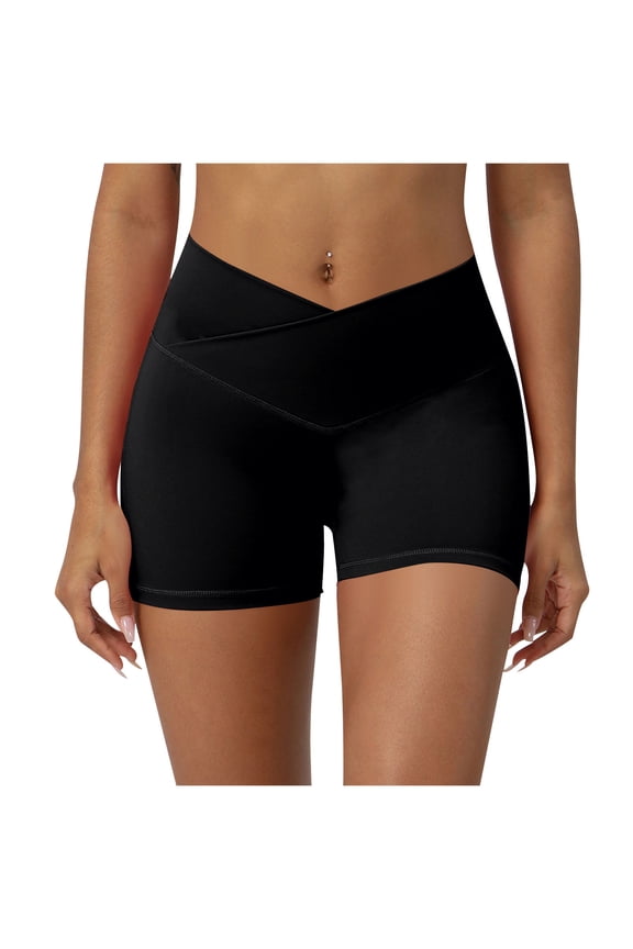 Yoga Shorts for Women V Crossover High Waisted Butt Lifting Stretchy Athletic Workout Shorts Shapewear Activewear Shorts Black L