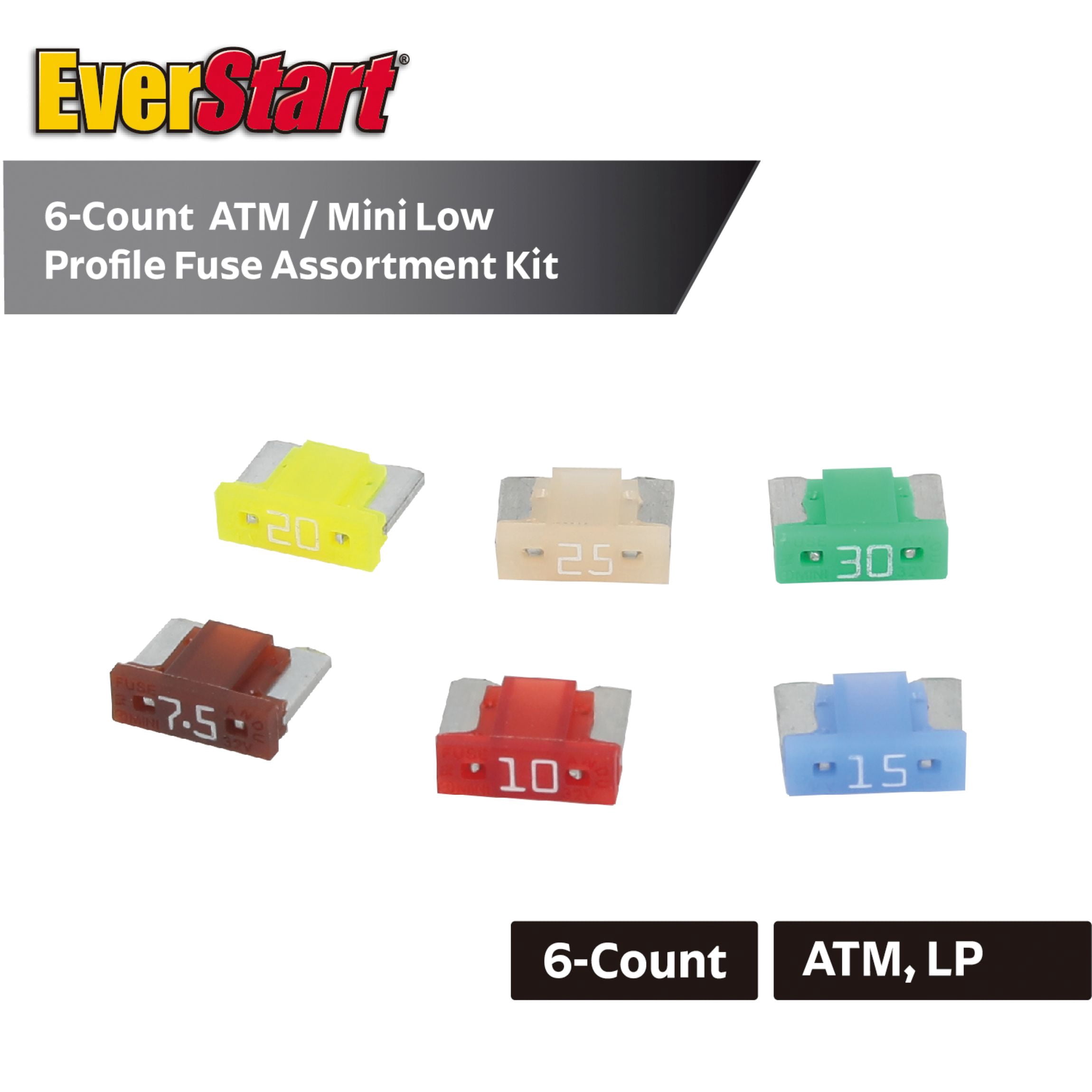EverStart Low Profile Mini Blade Fuse Assortment Kit 6-Pack for Auto, Marine, and Electronics