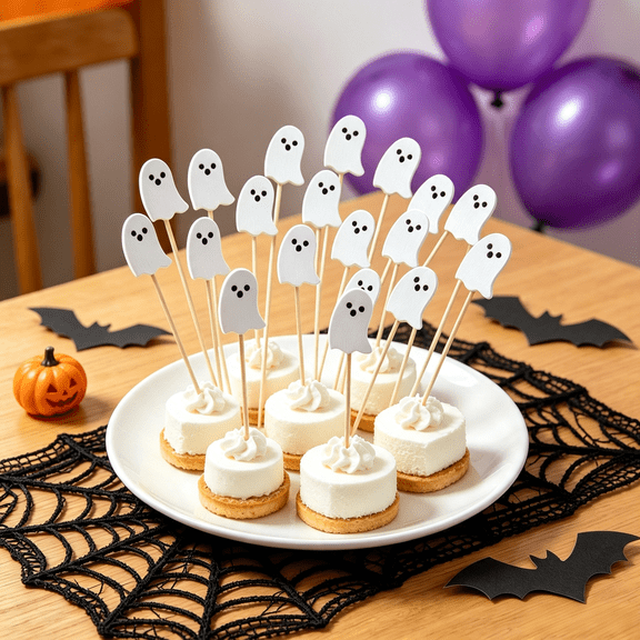 LOWLHOME 100Pcs Halloween Cocktail Picks, Ghost Bamboo Toothpicks Cocktail Sticks, Fruit Food Cake Appetizer Skewers, Spooky Drink Stir Sticks for Halloween Party Table Decor