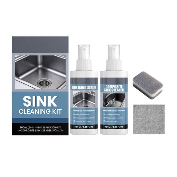 LOWLHOME 2-in-1 Sink Cleaning Kit,Sink Cleaner Sealer Spray,Removes Limescale Grease Stains Waterproof Protection,For Kitchen Bathroom Sinks 200ml