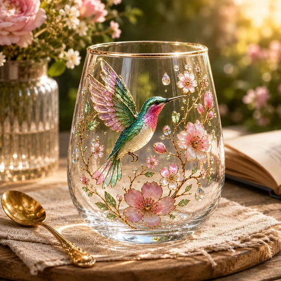 LOWLHOME 2026 Garden Hummingbird Morning Bliss Glass Tea Cup,Stemless Wine Glass With Gold Rim Hand Floral Drinking Glass,Elegant Gold Rimmed Glassware with 14 Oz,Decorative Glassware For Gifts