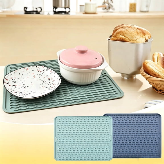 LOWLHOME 2PCS Silicone Dish Drying Mat for Multiple Usage,Silicone Dish Drying Mat for Kitchen Counter, Eco-Friendly Fast Dry Dish Mat,Easy Clean Multi Usage Drying Matt(Blue,16"×12")