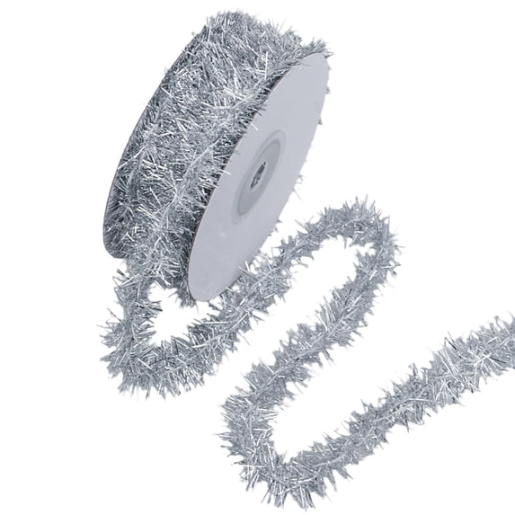 LOWLHOME 30ft Mini Tinsel Garland Christmas Glitter, Tinse Ribbon Assorted Color Metallic Garland, Thin Glitter Metallic Holiday Twist Tinsel Garland Decoration for Christmas Tree, Silver