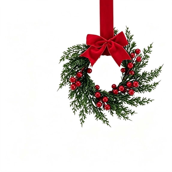 LOWLHOME 8" Artificial Pine Needle Christmas Wreath, Mini Christmas Wreathes with Red Velvet Bow, Farmhouse Red Berry Wreath for Holiday Xmas Party Decorations