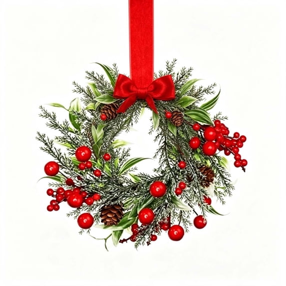 LOWLHOME 8" Artificial Pine Needle Christmas Wreath, Mini Christmas Wreathes with Red Velvet Bow, Farmhouse Red Berry Wreath for Holiday Xmas Party Decorations