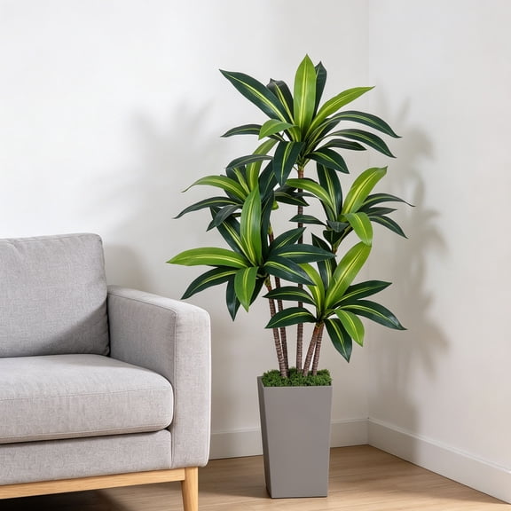 LOWLHOME Artificial Dracaena Tree 5FT Tall,Keeplush 5FT Artificial Dracaena Tree with Dark Gray Tall Planter,Faux Dracaena Tree Indoor,High-Density Silk Faux Yucca Tree for Home Office Decor