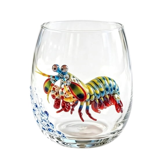LOWLHOME Artisanal Blue Ringed Octopus Glass Cup, Sea Turtle Jellyfish Stingray Drinking Glassware, Beach Themed Decor Housewarming Gift, 3.5 in, 2D (Colorful lobster)