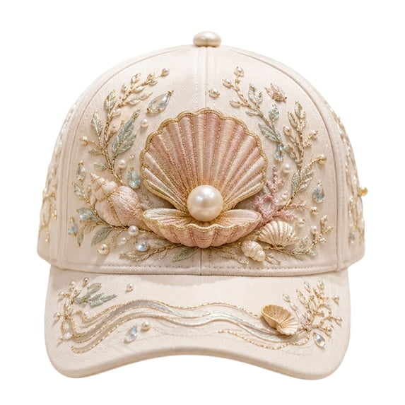 LOWLHOME Baseball Cap Morning Wear Baseball Cap,3D Ocean Creatures Embroidery Cap, Adjustable Cotton Baseball Cap, Raised Embroidered Sea Animal Hat for Beach Travel,White (Shell)