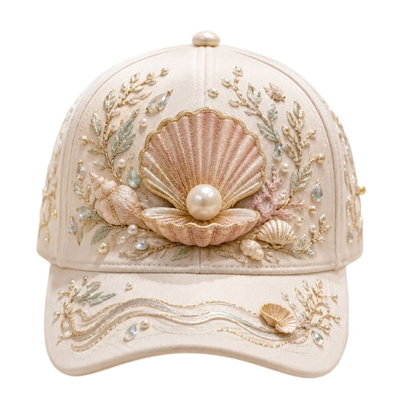 LOWLHOME Baseball Cap Morning Wear Baseball Cap,3D Ocean Creatures Embroidery Cap, Adjustable Cotton Baseball Cap, Raised Embroidered Sea Animal Hat for Beach Travel,White (Shell)