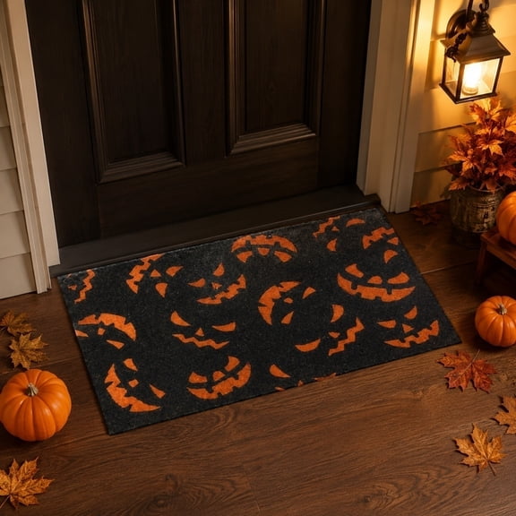 LOWLHOME Black Orange Scattered Pumpkin Face Fiber Doormat,Spooky Pumpkin Faces Halloween Pattern Door Rugs,Quick Dry Machine Washable Shaggy Bath Rugs(23.6*15.7in)