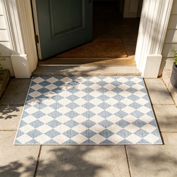 LOWLHOME Blue Checkered Area Rug,Non Slip Washable Floor Mat,Diamond Lattice Pattern Living Room Carpet,Absorbent Entryway Rug,23.6*15.7in,Light Blue A
