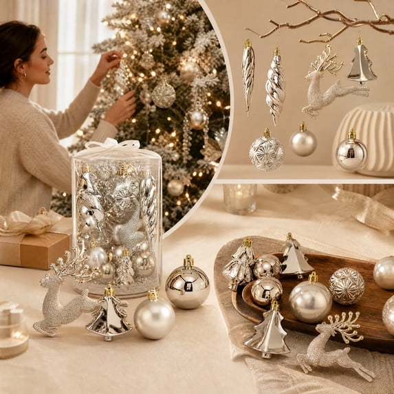 LOWLHOME Christmas Ornament Set Assorted Hanging Baubles Gift Box Variety Shaped Tree Decorations For Holiday Party