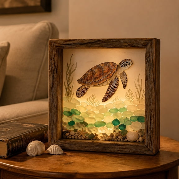 LOWLHOME Coastal Lighthouse Sea Glass Shadow Box Night Light, Beach Shadow Sea Glass Frame Box Wall Decor with LED, 8.5" Coastal Lighthous Lamp Decor, Sea turtles