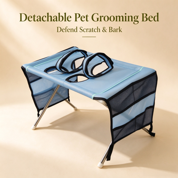 LOWLHOME Detachable Elevated Dog Bed, Foldable Pet Grooming Hammock Table with Side Storage Pockets, Detachable Mesh Pet Bathing Bed for Small Dogs Cats, Blue