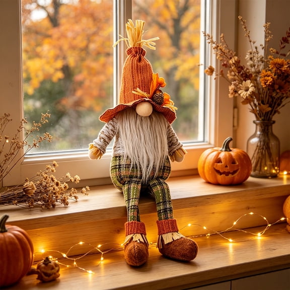 LOWLHOME Fall Harvest Gnome Plush, Long Dangle Leg Thanksgiving Gnomes, Maple Leaf Elderly Figurine Decor, Handmade Swedish Gnome Doll for Home Thanksgiving Halloween Day, Decorations (Maple)