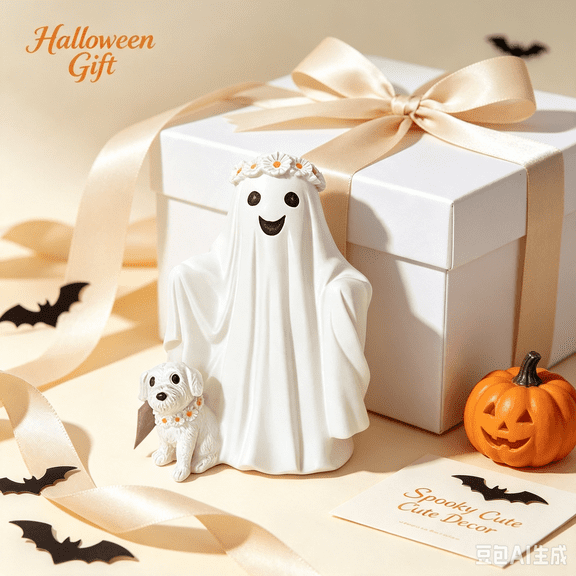 LOWLHOME Ghost Figurine Resin Ghost Walking Dog Statue, Hand Painted Cute Ghosts Figurines, Weatherproof Halloween Decorations for Porch Bedroom Farmhouse Seasonal Decor