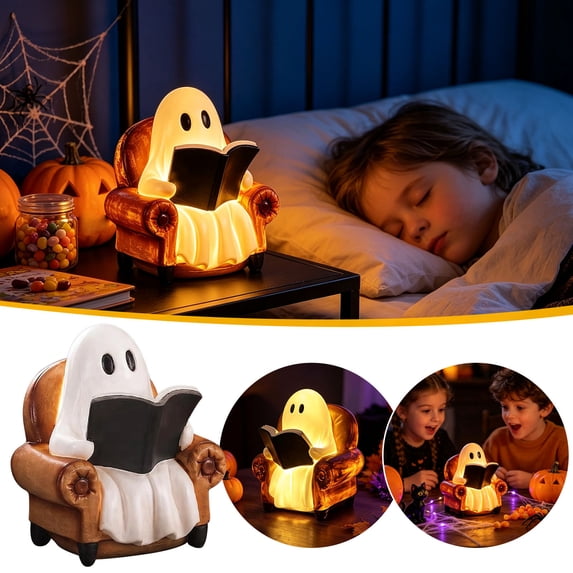 LOWLHOME Ghost Reading Book Lamp Halloween Decorations, Indoor Reading on the Sofa Book Ghost Lamp, Cute Ghost Figurine Book Lovers Gifts, Vintage Table Decorations Halloween Bookshelf Decor,