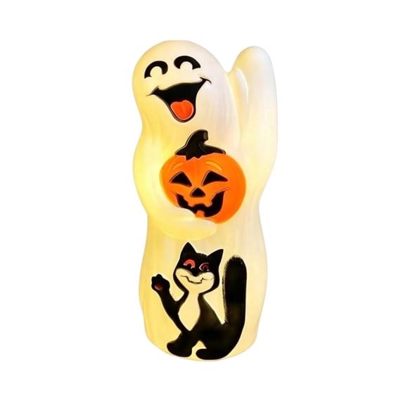 LOWLHOME Halloween Blow Mold Ghost with Black Cat, Halloween Glowing Spooky Decor Cute LED Lamp, Ghost Pumpkin Night Light, Shelf Battery Operated Table Ornament, 11.8"