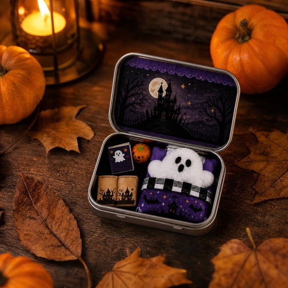 LOWLHOME Halloween Ghost Tin Box Set, Metal Tin Box Miniature Dollhouses Set Includes Plush Ghost, Mini Pumpkins & Mini Books, Spooky Halloween Theme Decor for Home & Gift, C