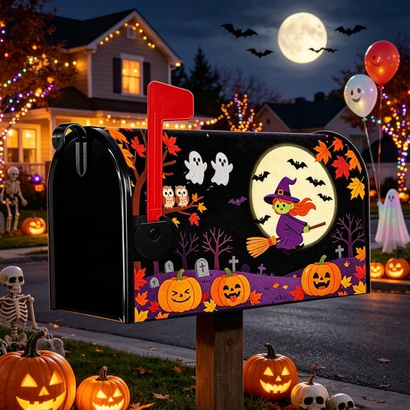 LOWLHOME Halloween Mailbox Covers Magnetic,Scary Night Ghost Witch Mailbox,21" X18" Bats Ghost Pumpkin Spider Mailbox Cover,Standard Size Mail Box Wraps Post Letter Box Covers(Cute Witch)