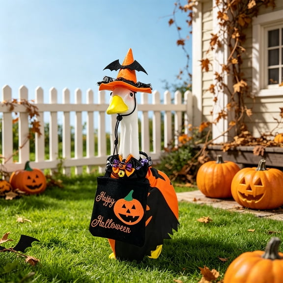 LOWLHOME Halloween Porch Gander Outfit Set, Pumpkin Attire Witch Hat Yard Gander Clothes, Hat & Cloak for 17-23 Inch Cement Lawn Goose Statues, Weather-Resistant Outdoor Party Decoration(Yellow)
