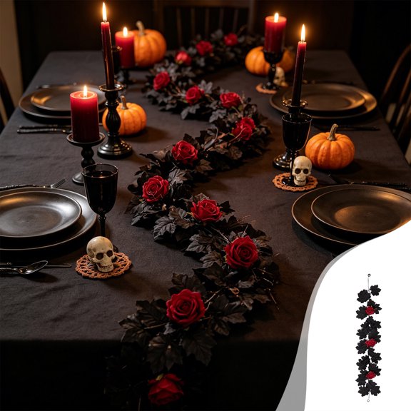 LOWLHOME Halloween Red Rose Artificial Rattan, Artificial Maple Leaf Rattan Feature Wall Arch Decoration, Party Table Runner With Rattan Accents, 1 Count, Red, 40 in