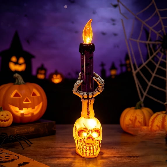 LOWLHOME Halloween Skull-Shaped Holder Candle, Battery Operated Skeleton Hand Candlestick Lamp, Spooky House Party Indoor Home Decor, Purple, 1 Count, 8.6 in