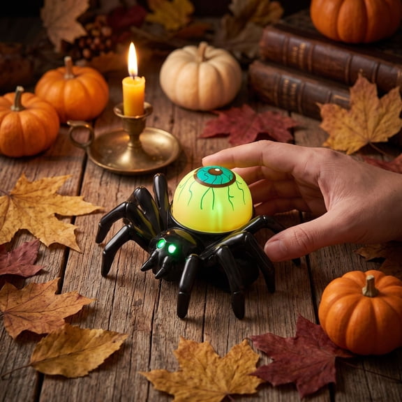 LOWLHOME Halloween Spider Eyeball Tea Lights, Spooky Spider Red Eyeballs Shaped LED Decor, Lights Battery Operated for Halloween PartyTable Home Spooky Decor, Green, 1 Count