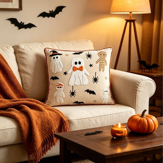 LOWLHOME Halloween Throw Pillow With Pillow Core, 18x18 Inch Embroidered Halloween Pillow, Soft Linen Decorative Cushion for Seasonal Home Decor, Ghost, 1 Pack