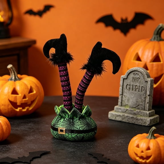 LOWLHOME Halloween Witch Legs Tabletop Decor, Inverted Legs Centerpiece, Spooky Witch Feet Prop For Party Scene Decoration (Green)