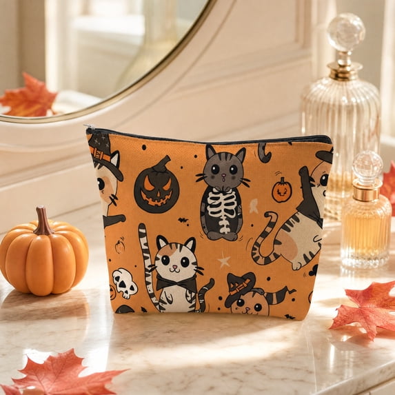 LOWLHOME Halloween Zipper Cosmetic Bag, Multi Patterns Spooky Makeup Pouch, Reusable Canvas Travel Storage Bag For Makeup Toiletries Small Accessories, 9.8*6.7 in, 1 Pack