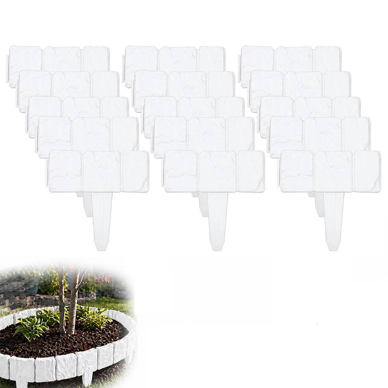 LOWLHOME Imitation Stone Garden Fence,Plastic Retaining Edging Border,Cobbled Effect Landscape Decor,Interlocking Decorative Panels Flower Bed Path Lawn(White,20pcs)