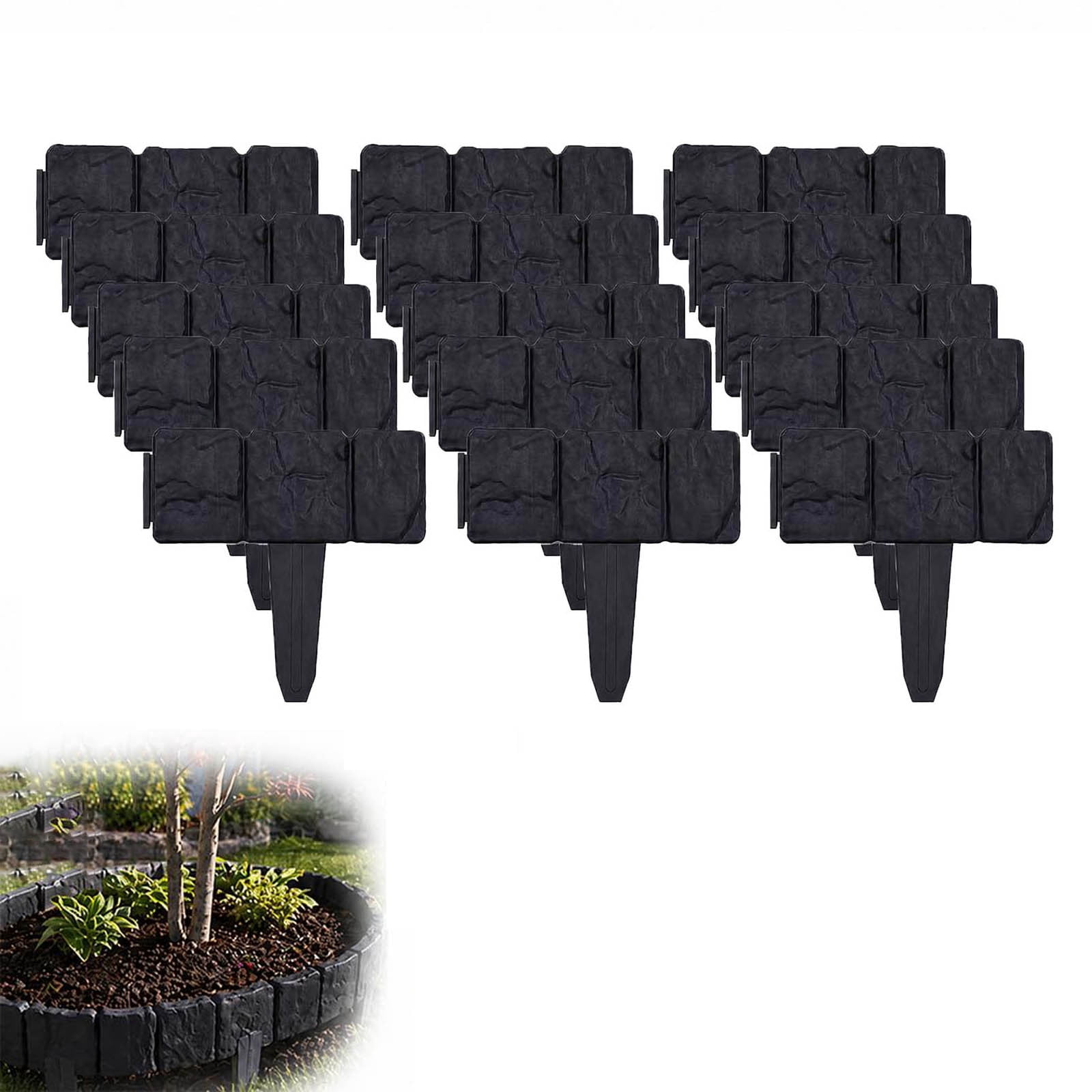 LOWLHOME Imitation Stone Garden Fence,Plastic Retaining Edging Border,Cobbled Effect Landscape Decor,Interlocking Decorative Panels Flower Bed Path Lawn(Black,20pcs)