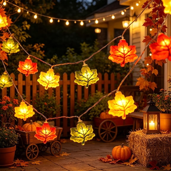 LOWLHOME LED Pumpkin Maple Leaf Light String, Decorative Fairy Acorn String Lights Thanksgiving Decoration, Autumn Garland Cute Novelty Lights, 4.9 FT with 10 Lights, Maple leaves