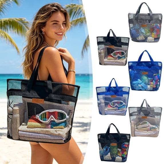 LOWLHOME Large Mesh Holiday Handbag, 11 × 9× 10" Beach Tote Bag for Women, Casual Shoulder Bags for Travel Swimming