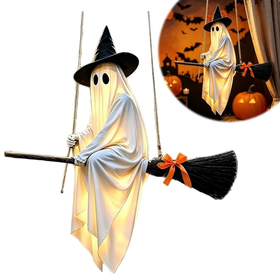 LOWLHOME Light-Up Flying Broom Ghost Decorations, Witch's Hat imp Riding a Broomstick Ornament with String, 4.6FT Halloween Lawn Patio Porch Backyard Decor