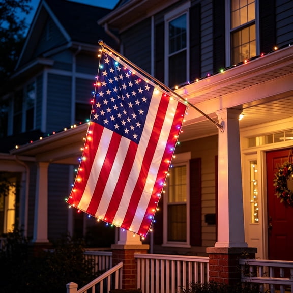 LOWLHOME Lighted American Flag Banner 3 X 5 Ft, LED American Flag With Remote Control, Patriotic Flag for Porch Yard Patio, 4th of July Patriotic Flag Decor
