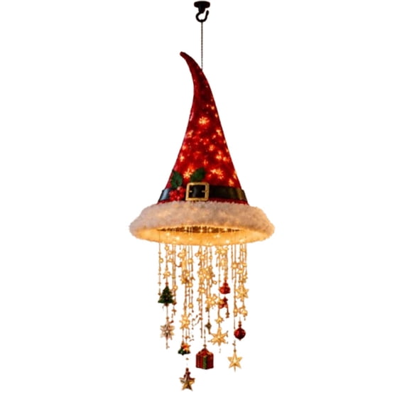 LOWLHOME Lighted Santa Hat Hanging Chandelier, Red Christmas Glowing Hat Lantern with LED Warm Glow and Crystal Beads, Holiday Ceiling Decor for Home, Porch, and Party, 14.96 in
