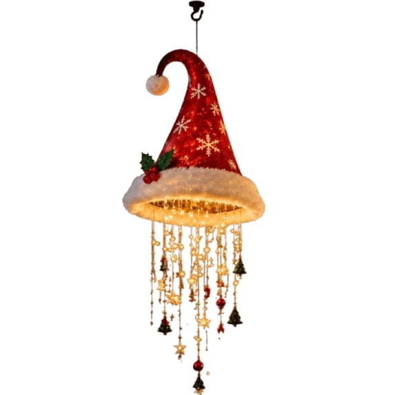 LOWLHOME Lighted Santa Hat Hanging Chandelier, Red Christmas Glowing Hat Lantern with LED Warm Glow and Crystal Beads, Holiday Ceiling Decor for Home, Porch, and Party, 14.96 in