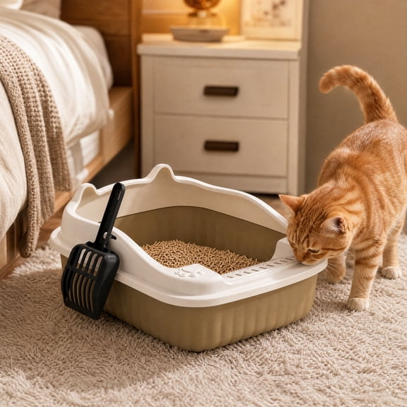 LOWLHOME Open Cat Litter Box with High Side, Anti-Splashing Cats Litter Pan Semi-Enclosed Removable Cats, Open Top Kitty Toilet for Easy to Clean, No Odork with Litter Scoop (Khaki)