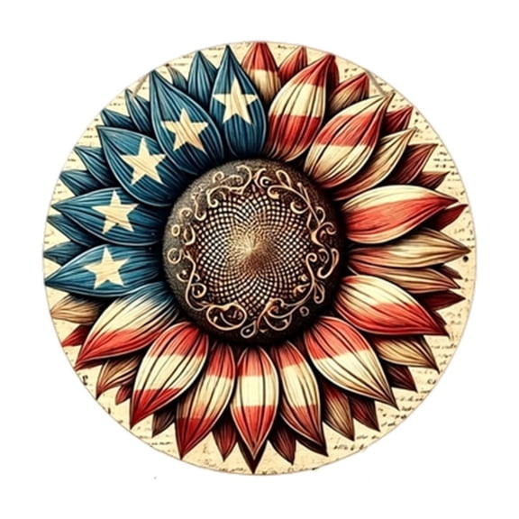 LOWLHOME Patriotic Flower Wooden Hanging Sign,Sunflower in the Colors of the National Flag,4th Of July Round Wall Decor,Usa Flag Plan For Front Door Independence Day Home Decoration,C