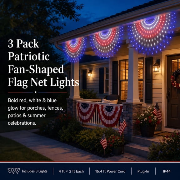 LOWLHOME Patriotic LED Fan Flag Net Light, 47 Inch Red White and Blue Hanging Banner Light,Patriotic Fan Flag Net Light for Independence Day Outdoor Decor,Porch Wall Yard Window Decoration,3PC