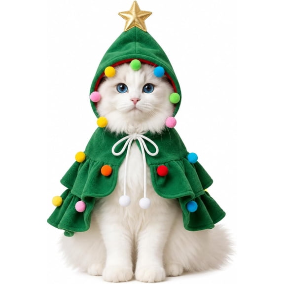 LOWLHOME Pet Christmas Cloak for Cats and Small Dogs, Christmas Pet Cape Decoration, Soft Plush Fabric Adjustable Tie for Small Cats Puppy Holiday Decor, Green, S