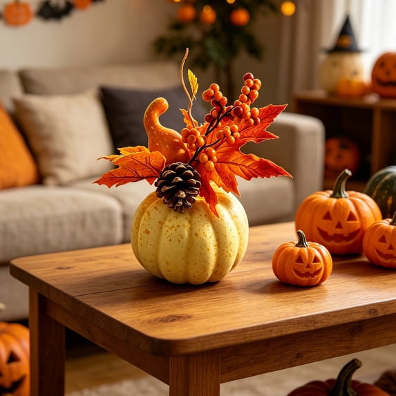 LOWLHOME Realistic Fake Pumpkins For Flower Arrangement, Sunflower Maple Leaf Berries Faux Pumpkin, Halloween Thanksgiving Fall Table Decorations (7.5in, Style C)