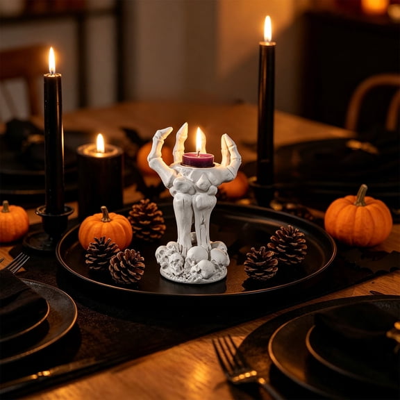 LOWLHOME Resin Skeleton Hand Holder for Halloween Decor, Freestanding Gothic Skull Base Accent for Mantel or Entry Table Gothic Stand Skull Decor Accent Halloween Room Centerpiece Resin Shelf,White